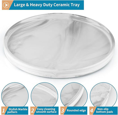 12" Large Ceramic Vanity Tray, Circle Perfume Plate Organizer, Jewelry Holder Dish, Non Slip Decorative Tray for Bathroom, Bedroom, Kitchen, Coffee Table (Marble Grey)