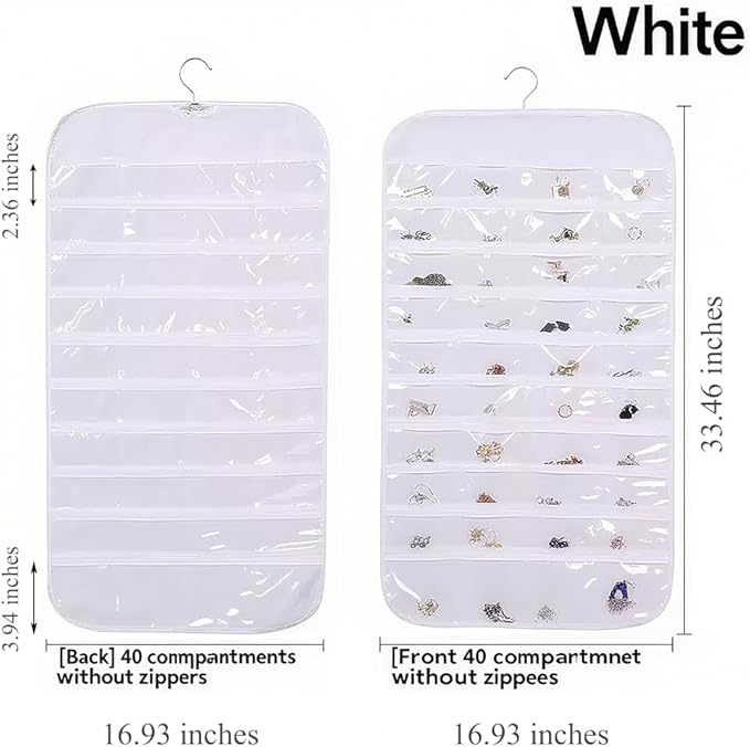 Hanging Jewelry Organizer Pockets Canvas Double Sided Rotating Hanger Necklace Hanging Wall Organizer Jewelry Roll for Earrings, Necklaces,Sunglasses,rings (80-Pocket WHITE)