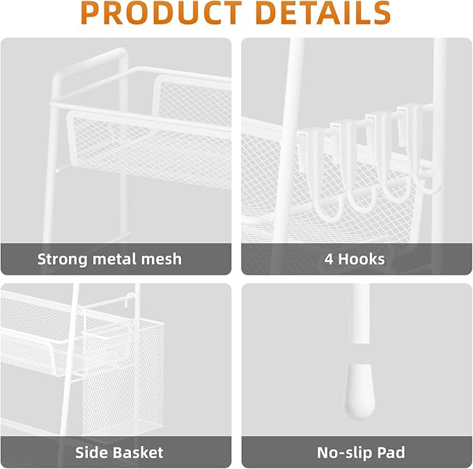 VITVITI 3-Tier Bathroom Organizer Countertop, Metal Wire Mesh Bathroom Counter Organizer Storage with Basket Hooks, Vanity Tray Shelf, Kitchen Spice Rack (White)