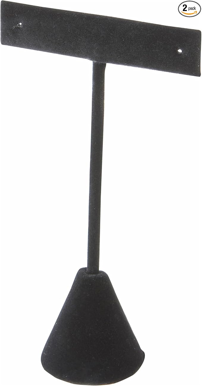 Plymor Black Velvet T Style, Single Pair Earring Display Stand, 2.5" W x 1.25" D x 4.5" H (Pack of 2)