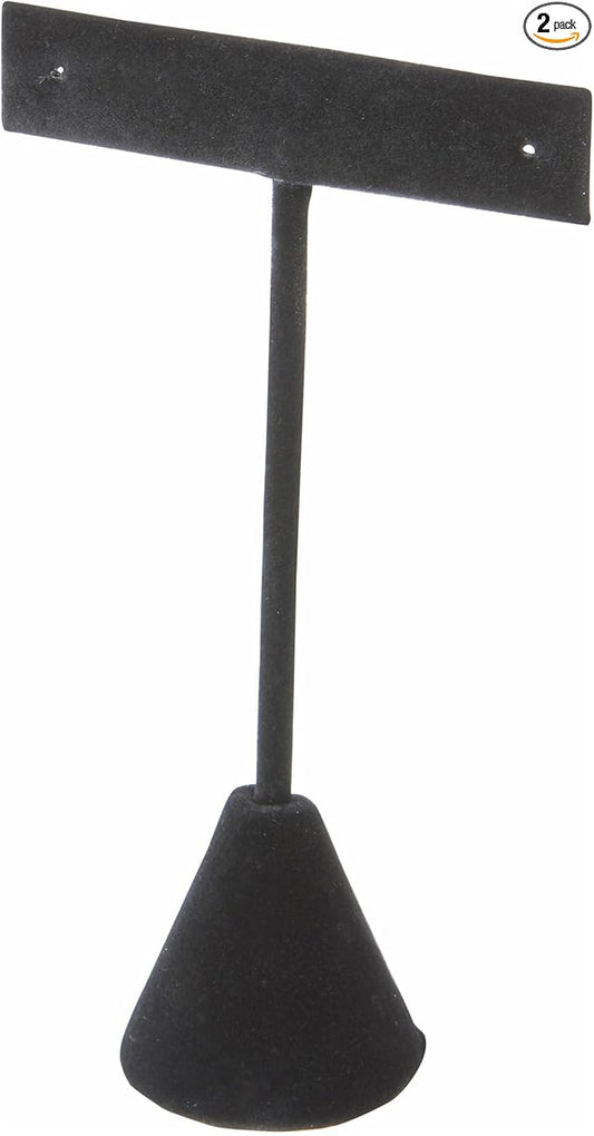 Plymor Black Velvet T Style, Single Pair Earring Display Stand, 2.5" W x 1.25" D x 4.5" H (Pack of 2)