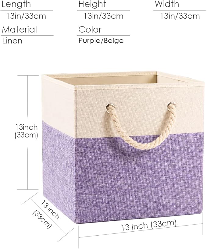 PRANDOM Large Foldable Cube Storage Bins 13x13 inch [4-Pack] Fabric Linen Storage Baskets Cubes Drawer with Cotton Handles Organizer for Shelves Nursery Closet Bedroom Purple