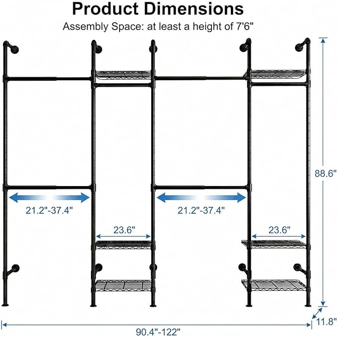 Wall Mounted Closet System – Adjustable Clothing Rack with 6 Hanging Clothes Rods( 4 Expandable Rods) & 6 Shelves, Heavy Duty Industrial Pipe Clothes Rack for Closet Organizer and Storage, Black