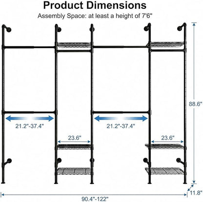 Wall Mounted Closet System – Adjustable Clothing Rack with 6 Hanging Clothes Rods( 4 Expandable Rods) & 6 Shelves, Heavy Duty Industrial Pipe Clothes Rack for Closet Organizer and Storage, Black