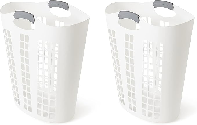 Gracious Living Easy Carry Flex Hamper, Large 87.5 Liter Lightweight Plastic Ventilated Laundry Basket Clothes Bin with Handles, White (2 Pack)