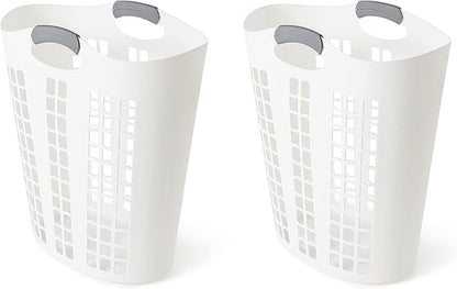 Gracious Living Easy Carry Flex Hamper, Large 87.5 Liter Lightweight Plastic Ventilated Laundry Basket Clothes Bin with Handles, White (2 Pack)