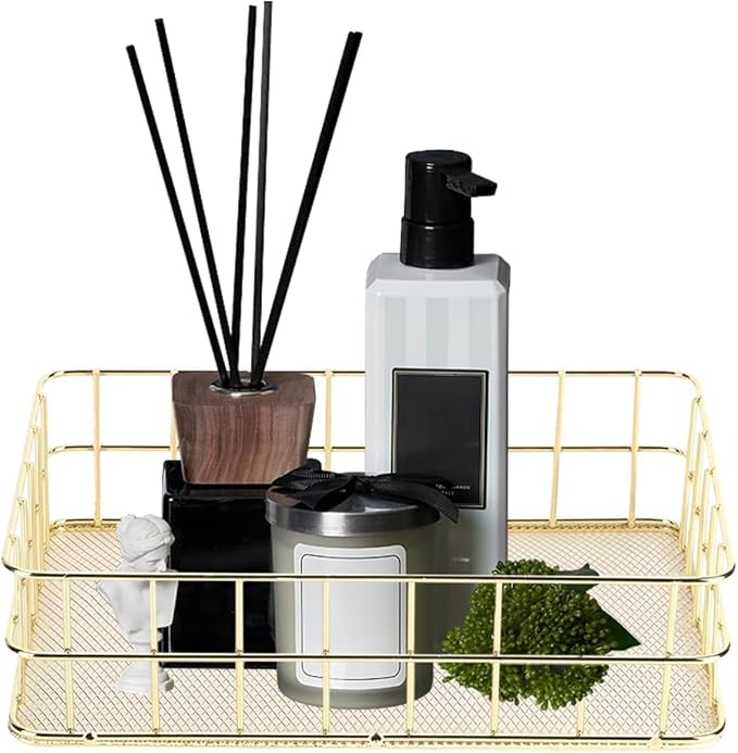 Gold Wire Baskets, 9.6 x 6.5in Metal Storage Basket Desktop Bathroom Sink Counter Toilet Storage Toilet Tank Topper Organizer Tray for Pantry Kitchen