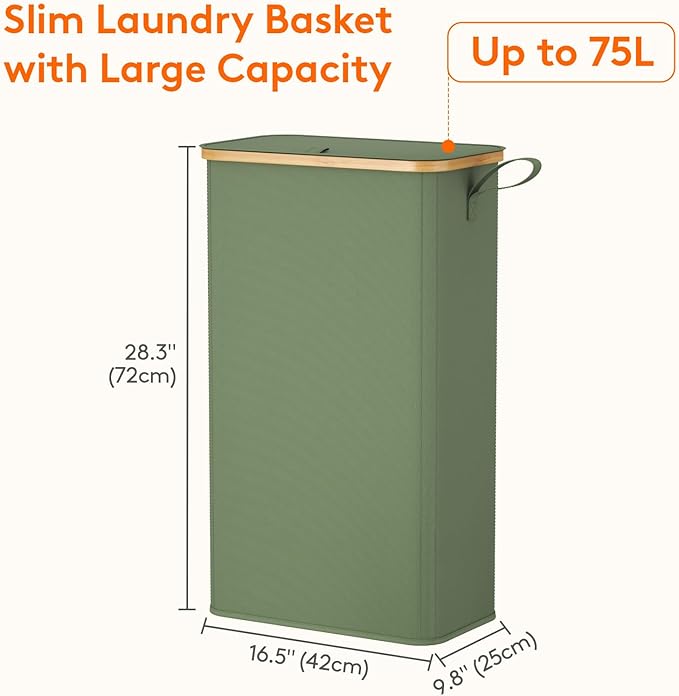 Lifewit 75L Slim Laundry Hamper with Lid, Narrow Laundry Basket with Removable Bag & Bamboo Handles, Fodable Thin Dirty Clothes Hamper for Laundry Collapsible Bin for Bathroom Bedroom Dorm, Green