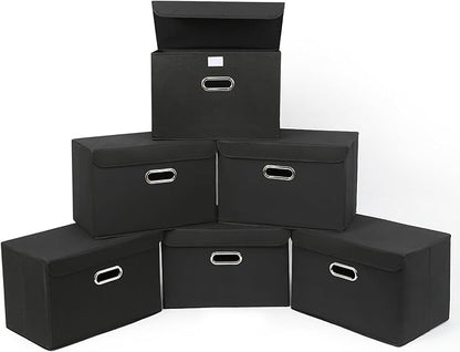 STOREONE Fabric Storage Cube Bins Foldable Organizer Container Collapsible Basket with Lids and Metal Handles, for Home, Bedroom, Closet 6 Pcs (Black)