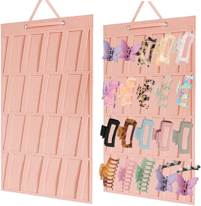 Premium Felt Hanging Claw Clip Organizer - Large Capacity for Girls & Women Hair Clips - Bows Display Stand for Wall, Door or Closet (Pink)