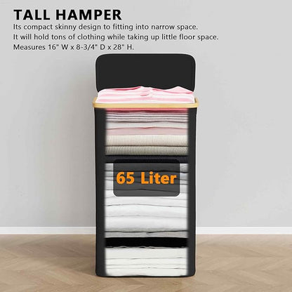 SpaceAid Slim Laundry Hamper with Lid, 65L Narrow Clothes Basket Bin with Bamboo Handles, Skinny Tall Collapsible Hamper for Bedroom, Bathroom, Dorm, Laundry Room - Black