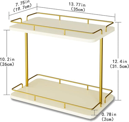 REFGY 2 Tier Bathroom Countertop Organizer, Solid Wood Desktop Storage Shelf with Gold Metal Frame, Versatile Spice Rack & Makeup Organizer for Kitchen, Dresser, Home Essentials