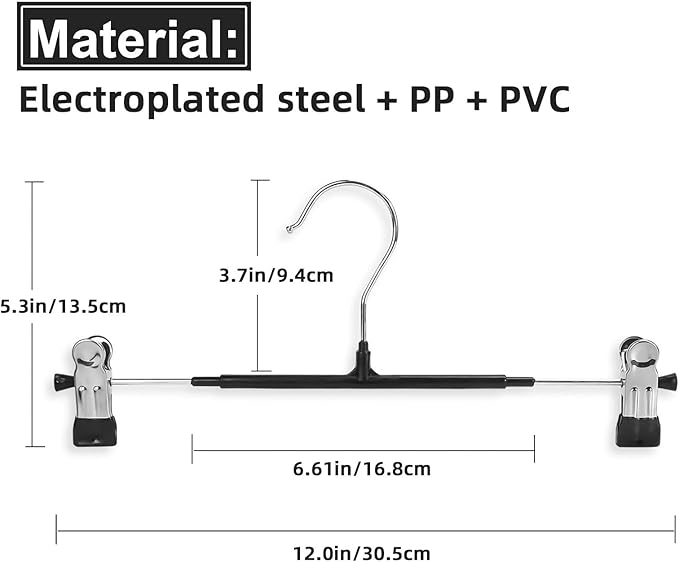 Non-Marking Anti-Slip Pants Hanger and Clip, Space-Saving, for Jeans, Long Pants, Skirts and Shorts - Durable (20, Black)