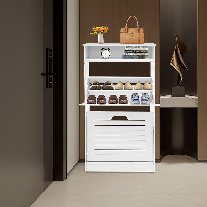 Free Standing Shoe Rack for Entryway, Hidden Narrow Shoe Storage Cabinet w/2 Flip Drawers, Shoe Organizer Cabinet for Bedroom Hallway Home Apartment (White)