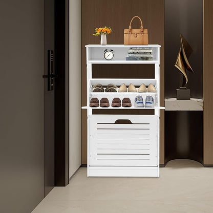 Free Standing Shoe Rack for Entryway, Hidden Narrow Shoe Storage Cabinet w/2 Flip Drawers, Shoe Organizer Cabinet for Bedroom Hallway Home Apartment (White)