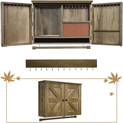 GLANT Rustic Wall Mounted Jewelry Organizer with Wooden Barndoor Decor， Wall Mount Holder,Jewelry holder for Necklaces, Earings, Bracelets，Ring Holder. Includes matching hook organizer (wood color)