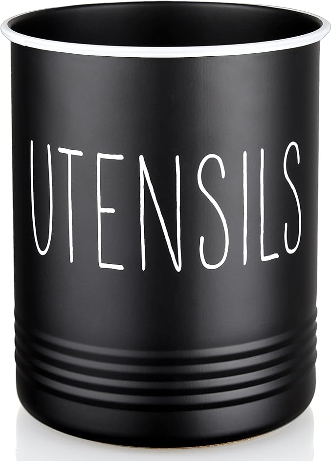 Kitchen Utensil Holder, 6.7" Utensil Holder for Kitchen Counter, Cooking Utensil Crock with Cork Bottom, Modern Farmhouse Decor, Countertop Utensil Storage Organizer Caddy, Black
