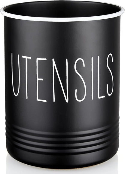 Kitchen Utensil Holder, 6.7" Utensil Holder for Kitchen Counter, Cooking Utensil Crock with Cork Bottom, Modern Farmhouse Decor, Countertop Utensil Storage Organizer Caddy, Black