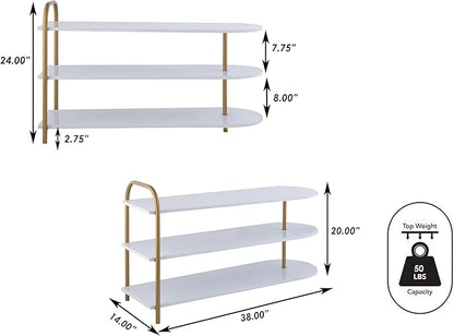happimess SRK1001A Modern 24" 9-Pair 3-Tier Iron Curved Decker High End Table & Shoe Rack, White/Gold, for Entryway, Hallway, Closet, Doorway, Bedroom