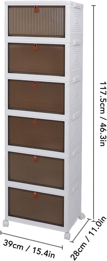 Shoe Storage Box 6 Pack Clear Plastic Stackable Shoe Organizer with Magnetic Door and Wheels for Sneakers Boots Closet Entryway (6 Layers)