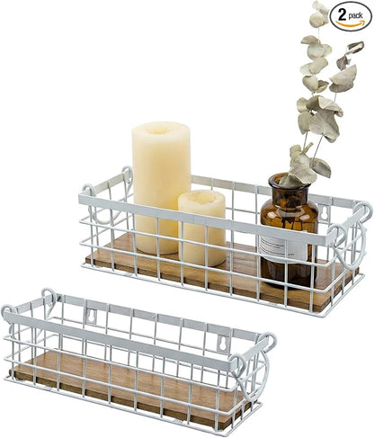 MyGift 13 and 12 Inch Nesting Storage Baskets with Handles, Wall Mounted or Tabletop White Metal Wire and Premium Acacia Wood Decorative Shelf Organizer Bins, 2 Piece Set