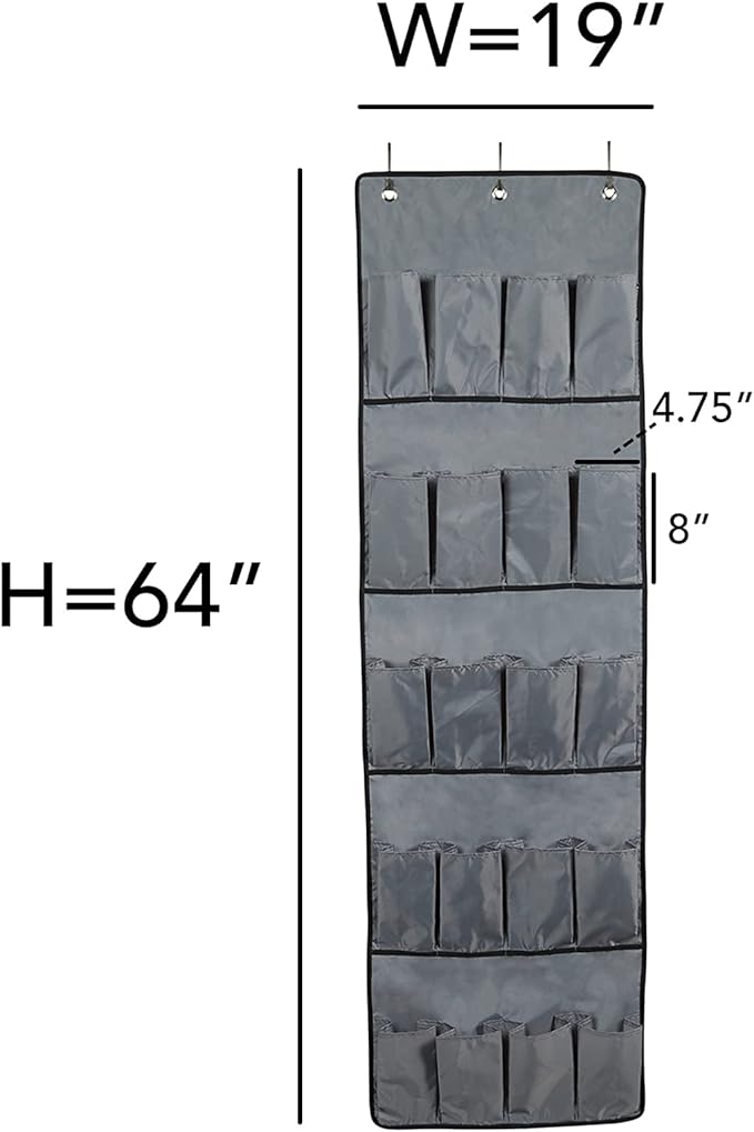 Covermates Over The Door Shoe Organizer - Heavy Duty Material, Stainless Steel Hooks, Grommets - Closet Storage, Grey