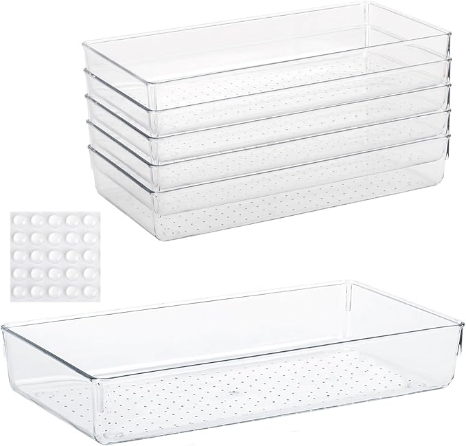 6Pcs Clear Plastic Drawer Organizers Tray 12" x 6.2" Storage Bins with 25Pcs Non-Slip Pads for Makeup, Jewelries, Kitchen Utensils, Bathroom and Office