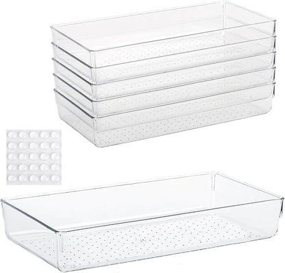 6Pcs Clear Plastic Drawer Organizers Tray 12" x 6.2" Storage Bins with 25Pcs Non-Slip Pads for Makeup, Jewelries, Kitchen Utensils, Bathroom and Office