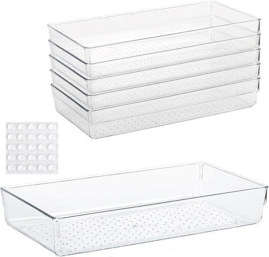 6Pcs Clear Plastic Drawer Organizers Tray 12" x 6.2" Storage Bins with 25Pcs Non-Slip Pads for Makeup, Jewelries, Kitchen Utensils, Bathroom and Office