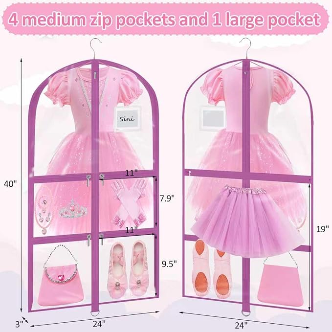 Garment Bags for Dance Costumes - 40 Inch Clear PVC with 5 Zipper Pockets (3 Pack) - Kids Dance Garment Bag for Dancers, Hanging Clothes Storage, Competitions & Travel (Clear Pink)