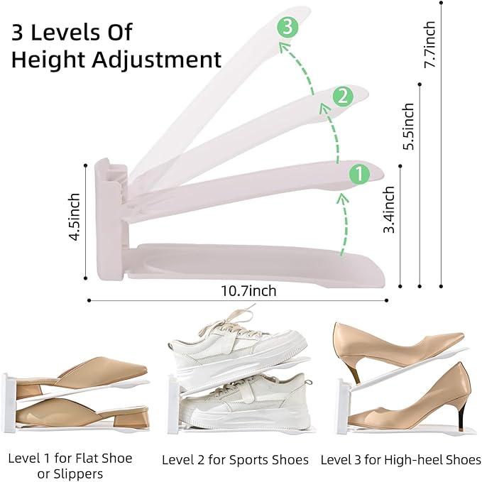 12 Pack Shoe Slots Organizer Adjustable Level Shoe Stacker Holder Storage Space Saving Sneakers Display Tray Rack for Closet (White, 12Pack)