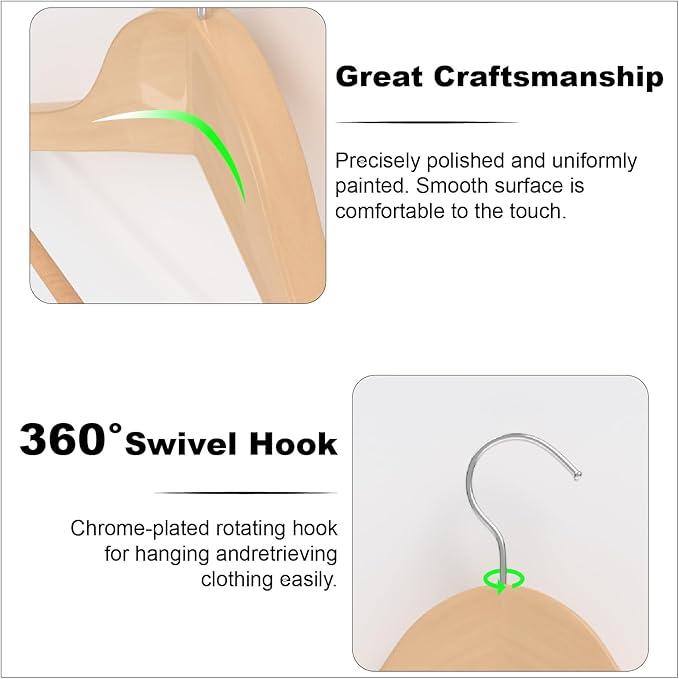 10 Pack Ergonomic Design Wooden Hangers with 360° Swivel Hook, Suit Hanger with Non Slip Pants Bar, Solid Wood Coat Hangers for Dress, Jacket, Pants, Heavy Clothes