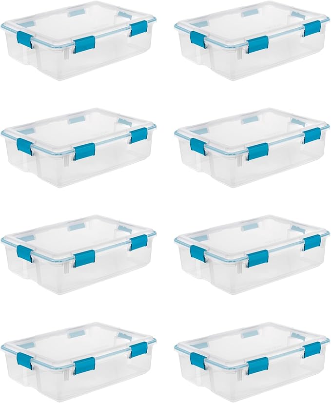 Sterilite 8-Pack Gasket Box, Weather-Resistant Storage Bins with Latching Lids, 37 Quart - Heavy-Duty Organizing Containers for Closet, Bathroom, and Office