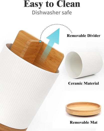 LoeJan 7.5" Utensil Holder, 3 Compartment Ceramic Kitchen Utensil Holder with Cork Bottom, Large Utensil Crock for Countertop, Cooking Tool Organizer Set for Kitchen Counter(White,Vertical Stripe)