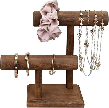 MOOCA 2 Pcs 2-Tier Space Saving Wooden Bracelet Holder Display, Jewelry Stand, Wood Bracelets Display, Jewelry Set, Free Assembly, Brown Color