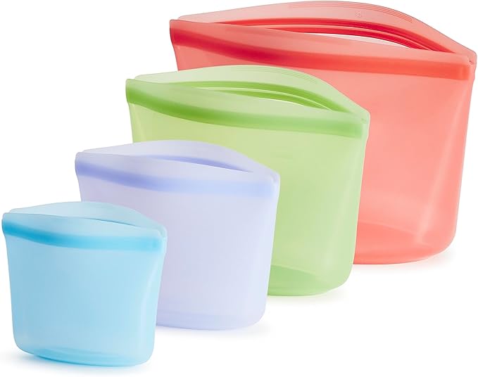 Stasher Silicone Reusable Storage Bags, 4-Pack, Reusable Freezer Bags, Microwave, Dishwasher, Oven Safe, Sous Vide, Premium Lunch Containers, Eco Friendly, Food Storage Bags, Snack Bags, Multicolor | Reusable Food Bags