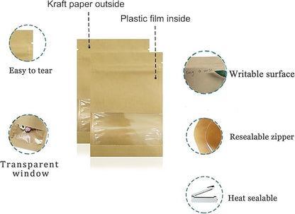 PABCK 500 Pack 3.5x5.1inch (Inner Size 3.1x3.9 inch) Clear WindowBrown Kraft Paper for Zip Seed Packets Lock Food Storage Bags Zipper Lock Seeds Envelopes Resealable Heat Seal Pouch Coffee Packet