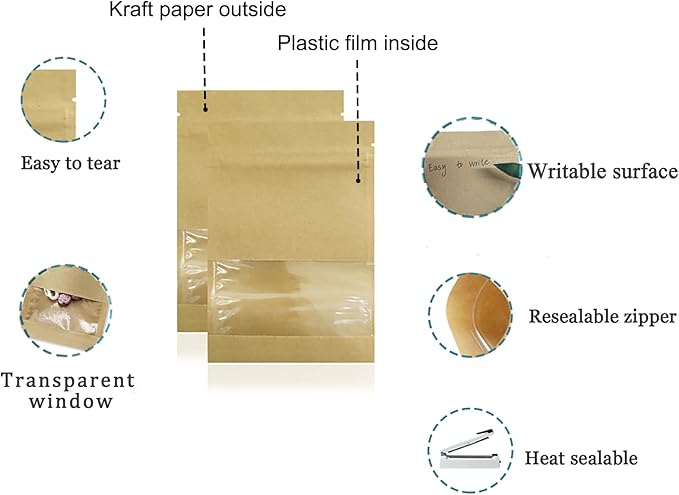 PABCK 500 Pack 5.1x7.08 inch (Inner Size 4.7x5.7 inch) Clear Window Brown Kraft Paper for Zip Bag Seed Packets Lock Food Storage Bags Zipper Lock Envelopes Resealable Heat Seal Pouch Coffee Packet