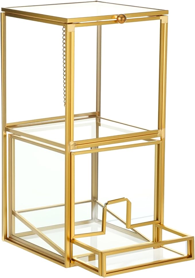 Glass Qtip Holder with Lid, Elegant Glass Q Tip Holder for Bathroom Countertop Organization, 2-Tier Cotton Ball Swab Dispenser with Gold Frame Makeup Pad Cosmetic Storage Case for Vanity Dresser