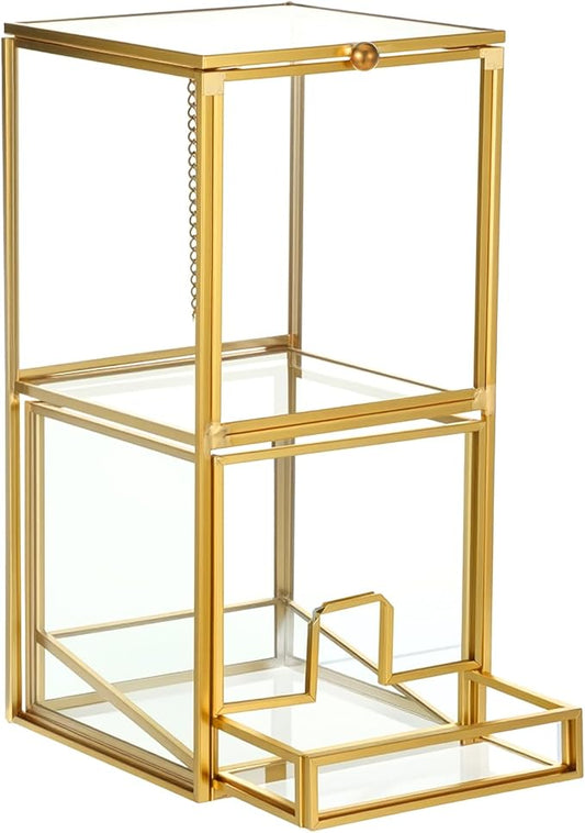 Glass Qtip Holder with Lid, Elegant Glass Q Tip Holder for Bathroom Countertop Organization, 2-Tier Cotton Ball Swab Dispenser with Gold Frame Makeup Pad Cosmetic Storage Case for Vanity Dresser