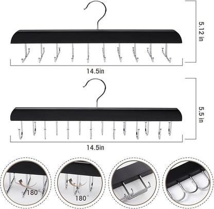 Wooden Tie Rack & Belt Holder 2 Pack, 20-Hook Necktie Hanger & 14-Hook Belt Organizer, Space Saving Multi Functional Closet Storage for Men