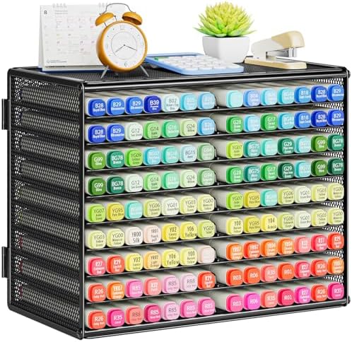 Marbrasse Mesh Marker Organizer, Metal Desktop Storage Rack for 126 Markers, Pens, Pencils, 9 Tier Marker Holder for Office Classroom & Home Art Supplies(Black) by Marbrasse