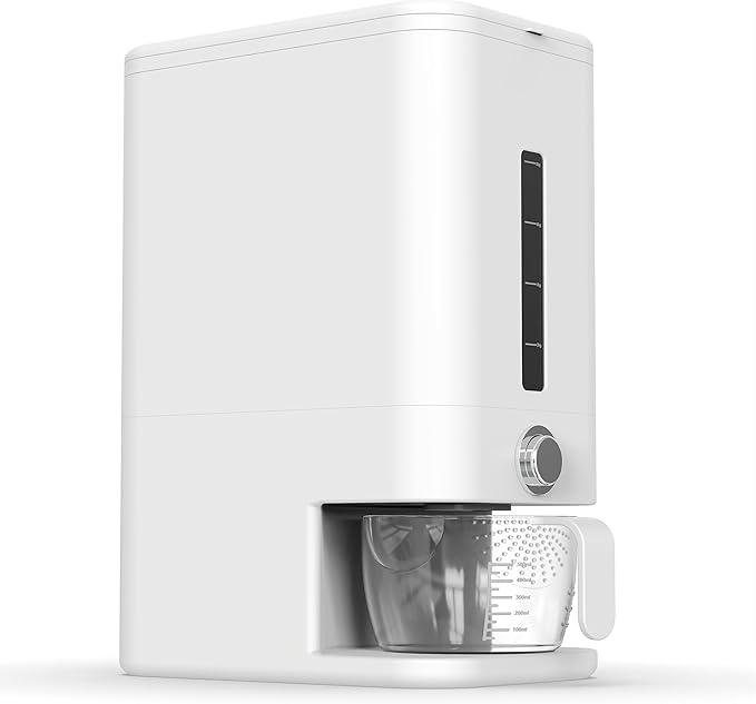 Rice Dispenser - 26.5 lbs Rice Storage Container with Measuring Cup, Rice Scoop & Sponge – Large Cereal Grain Bucket with Scale for Kitchen Pantry Organization, BPA-free, Airtight (White)