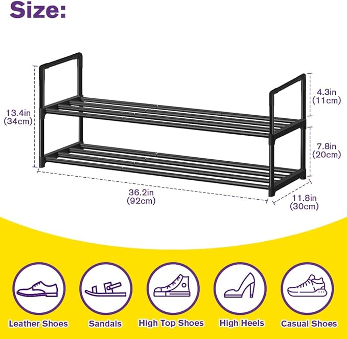 Shoe Rack - Metal Shoe Rack Organizer - Stackable Shoe Storage Shelf for Entryway, Closet, Bathroom 30cm(D) x 92cm(W) x 55cm(H) -Black (2-Tier)