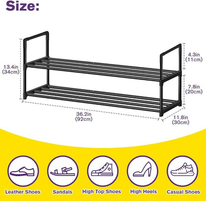 Shoe Rack - Metal Shoe Rack Organizer - Stackable Shoe Storage Shelf for Entryway, Closet, Bathroom 30cm(D) x 92cm(W) x 55cm(H) -Black (2-Tier)