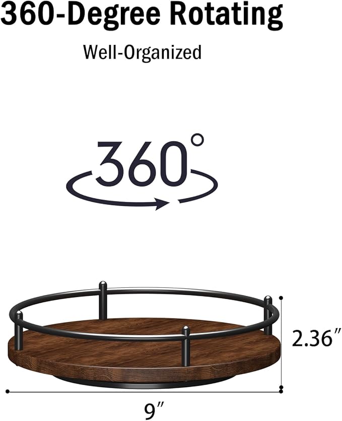 Lazy Susan Organizer：9 Inch Rotating Spice Rack for Kitchen Countertop Round Wooden Turntable Holder for Cabinet, Dining Table, Cupboard Storage – Black
