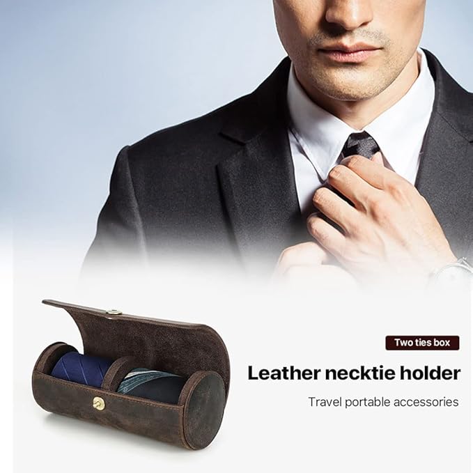 CONTACTS Genuine Leather Tie Travel Holder Small Neckties Organizer Tie Anti Wrinkle Storage Roll