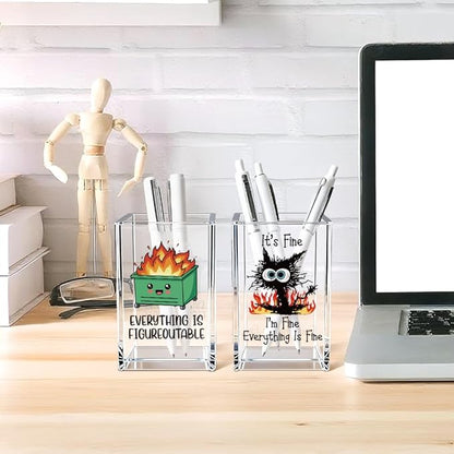Funny Black Cat 2 Pack Acrylic Cosmetic Pencil Pen Holder Cup, Emotional Dumpster Fire Pencil Pen Holder Cup, Cat Lover Gift for Women, Office Sarcastic Gifts for Women Men Colleague