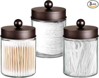 Apothecary Jar Canisters Bathroom Vanity Organizer - Qtip Holder Storage Organizer Countertop -Stainless Steel Lids &Cute Stickers for Qtips,Cotton Swabs,Makeup Sponges,Floss(3 Pack) (Bronze)