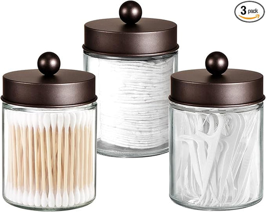 Apothecary Jar Canisters Bathroom Vanity Organizer - Qtip Holder Storage Organizer Countertop -Stainless Steel Lids &Cute Stickers for Qtips,Cotton Swabs,Makeup Sponges,Floss(3 Pack) (Bronze)